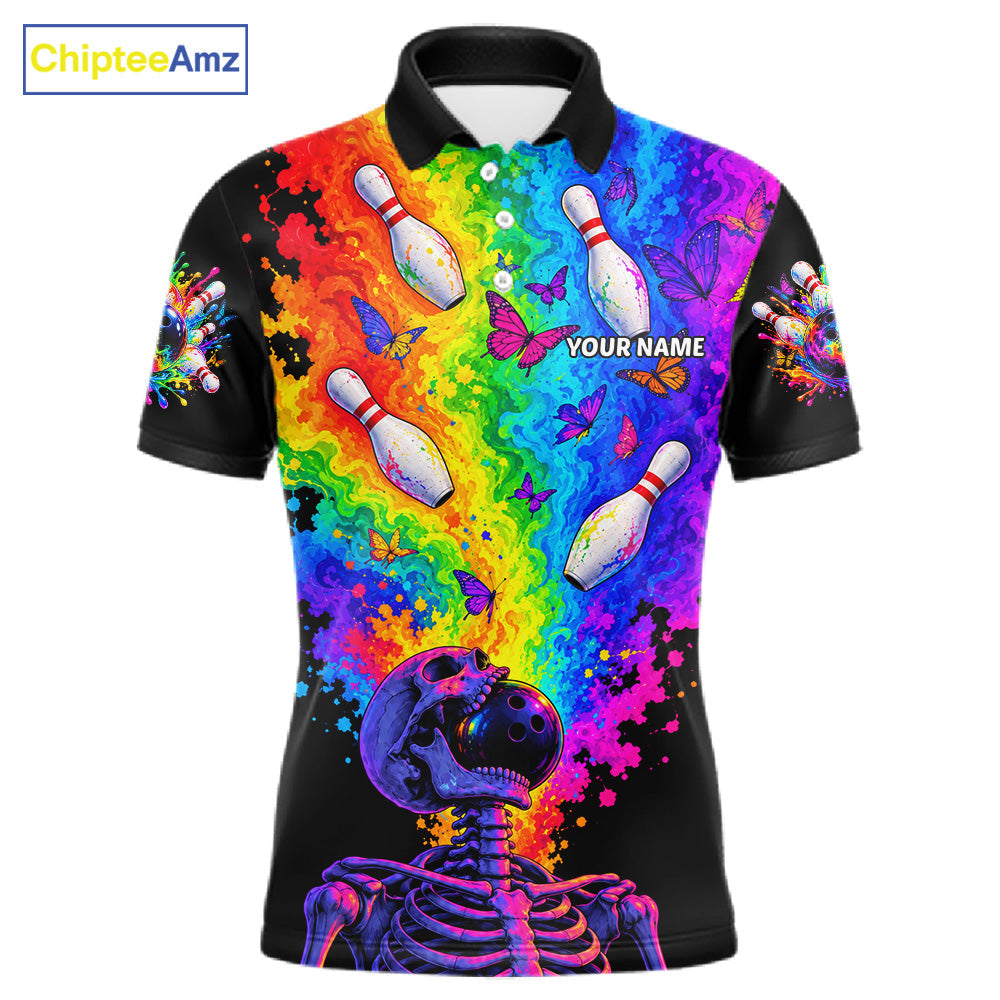Custom Psychedelic Skeleton Bowling Polo 1/4-Zip Colorful Butterfly Bowler Team Jersey