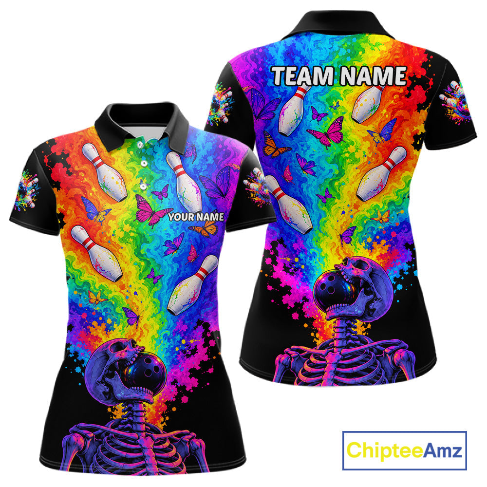 Custom Psychedelic Skeleton Bowling Polo 1/4-Zip Colorful Butterfly Bowler Team Jersey