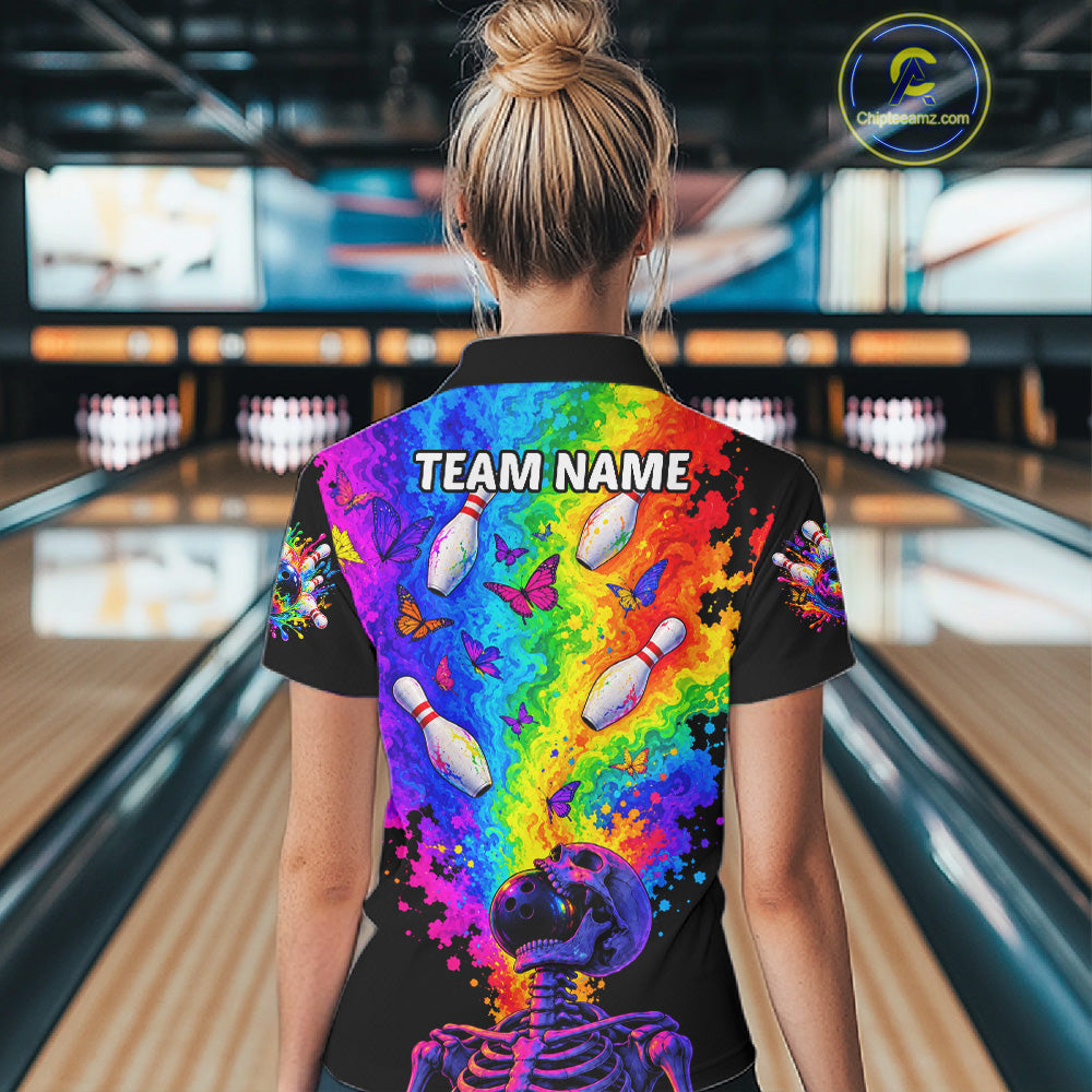 Custom Psychedelic Skeleton Bowling Polo 1/4-Zip Colorful Butterfly Bowler Team Jersey