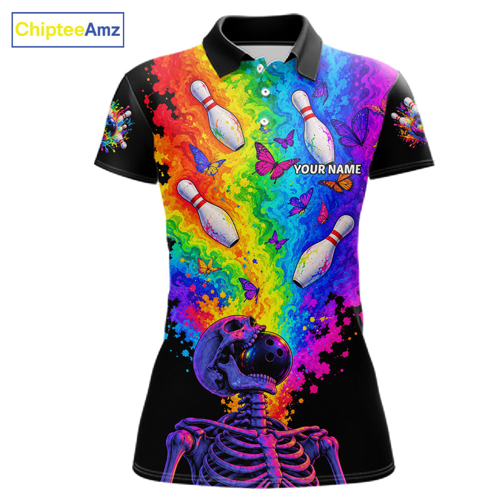 Custom Psychedelic Skeleton Bowling Polo 1/4-Zip Colorful Butterfly Bowler Team Jersey