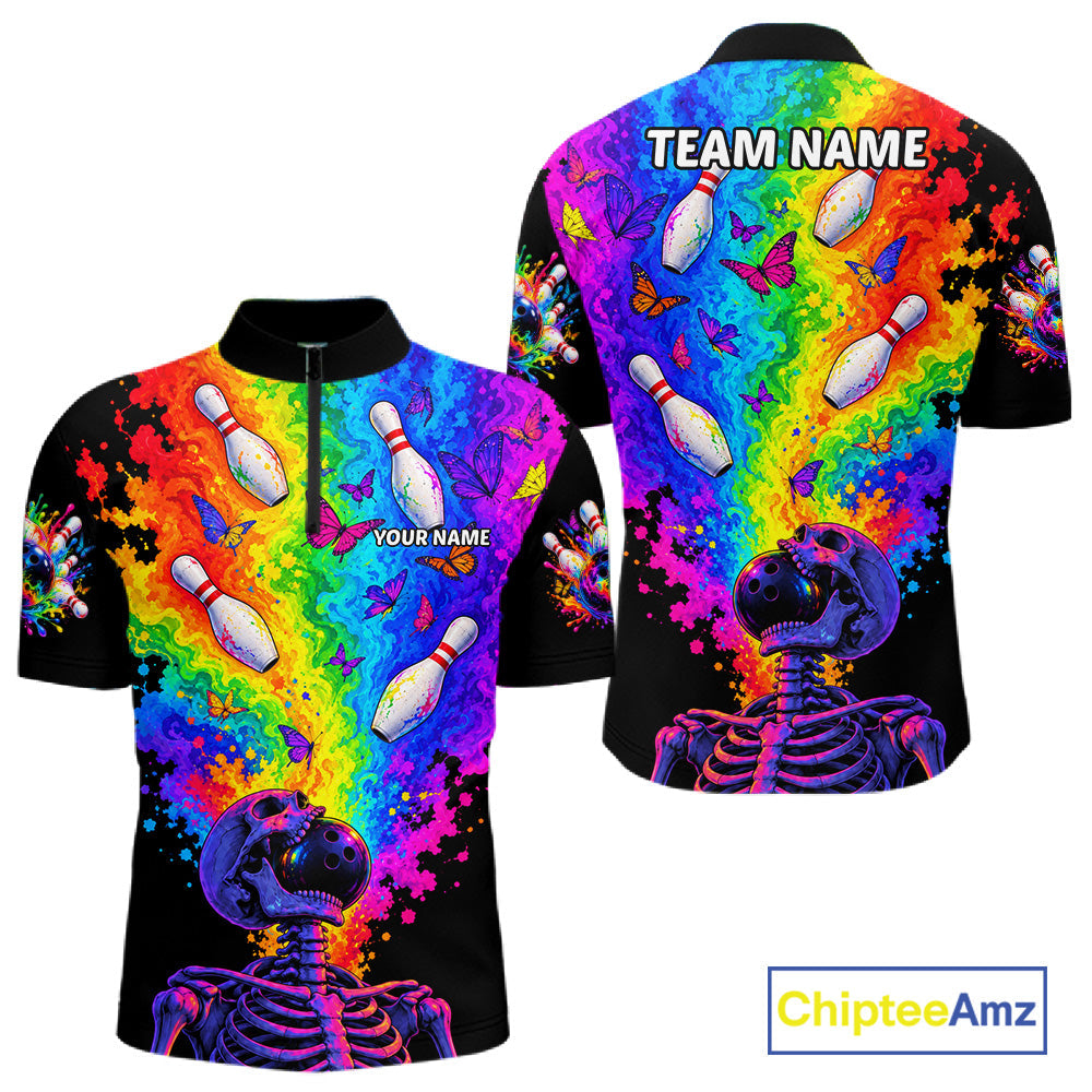 Custom Psychedelic Skeleton Bowling Polo 1/4-Zip Colorful Butterfly Bowler Team Jersey
