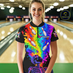 Custom Psychedelic Skeleton Bowling Polo 1/4-Zip Colorful Butterfly Bowler Team Jersey