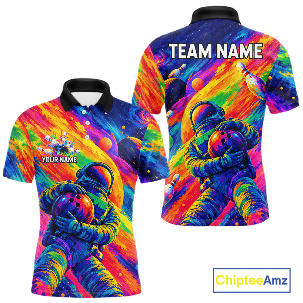 Custom Funny Astronaut Bowling Polo 1/4-Zip Shirt Psychedelic Galaxy Bowler Team Jersey