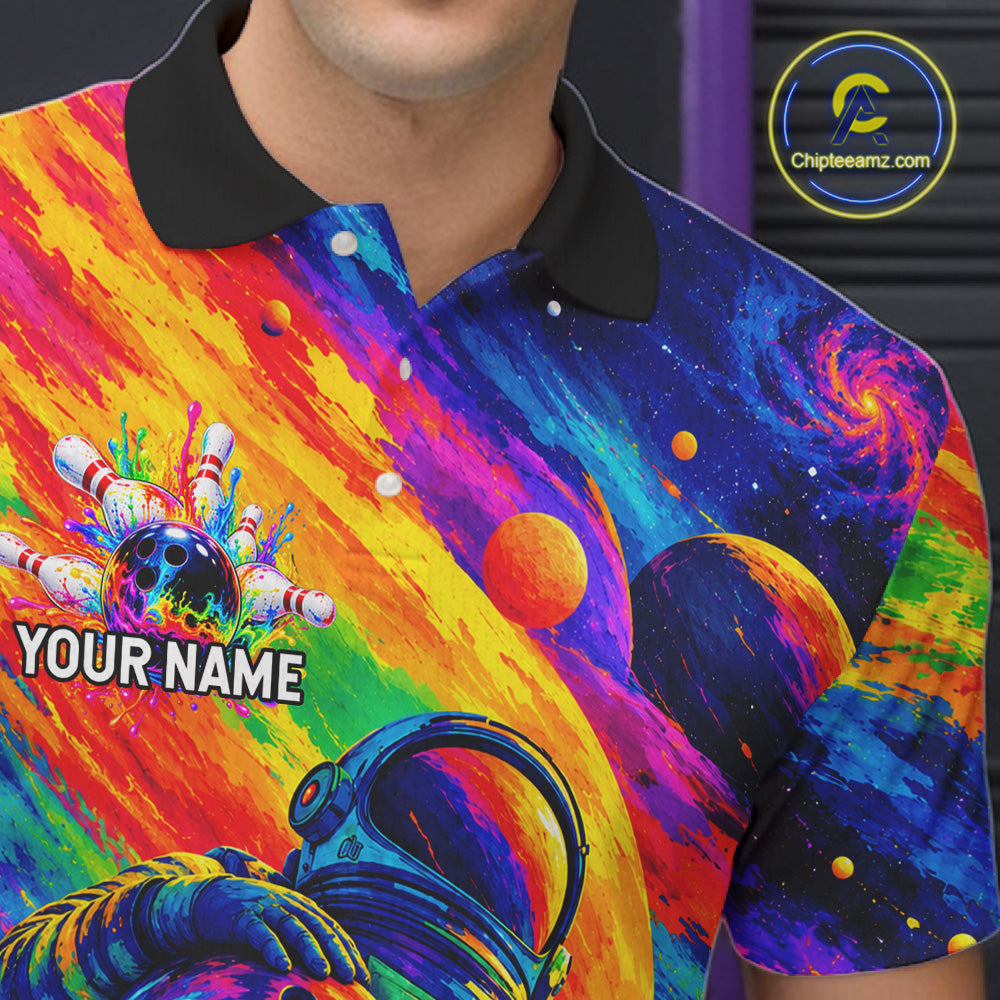 Custom Funny Astronaut Bowling Polo 1/4-Zip Shirt Psychedelic Galaxy Bowler Team Jersey