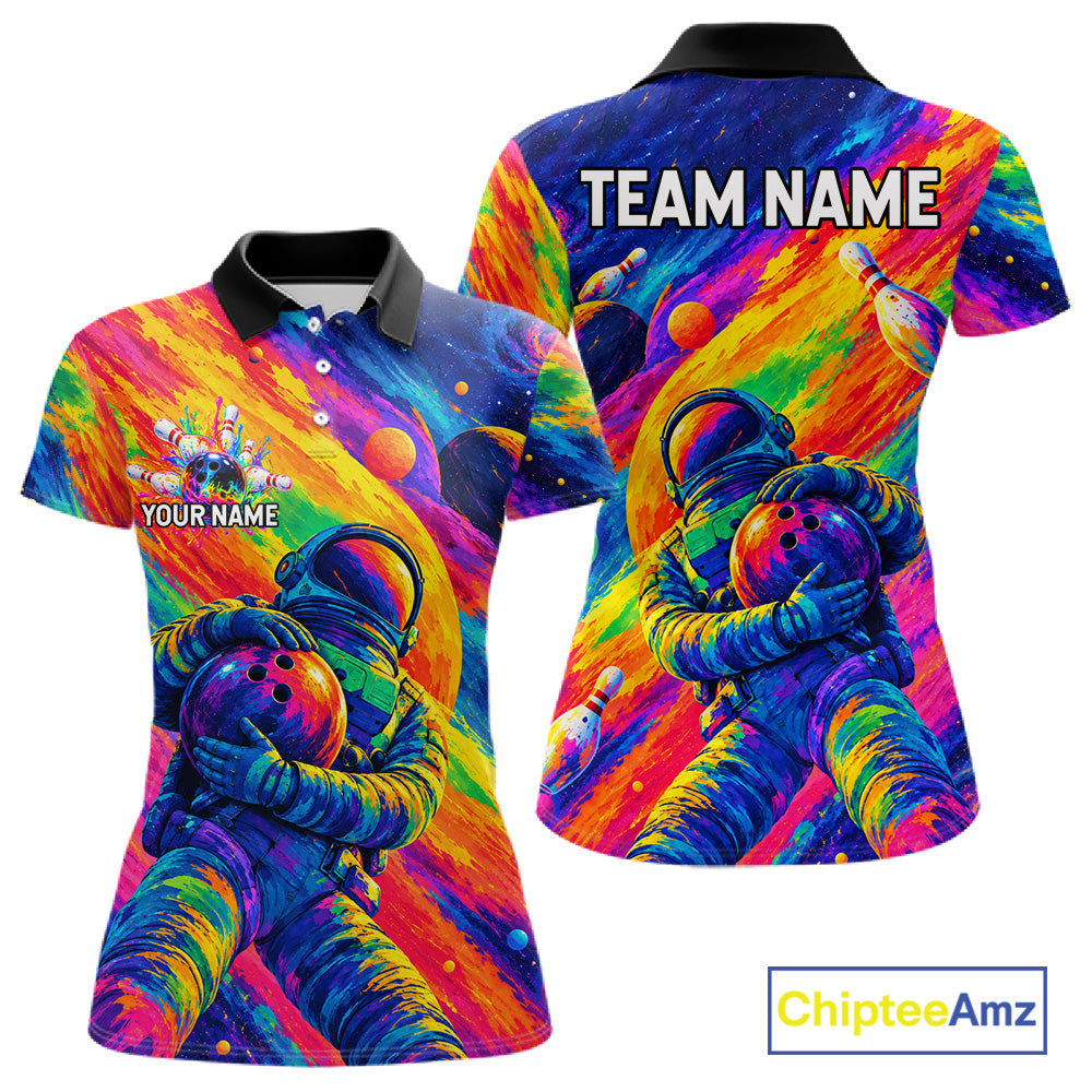 Custom Funny Astronaut Bowling Polo 1/4-Zip Shirt Psychedelic Galaxy Bowler Team Jersey