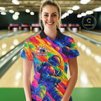 Custom Funny Astronaut Bowling Polo 1/4-Zip Shirt Psychedelic Galaxy Bowler Team Jersey