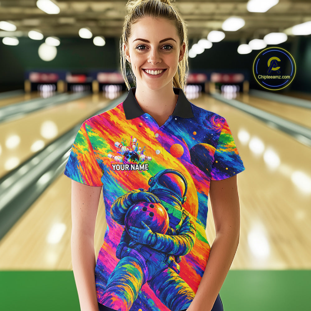 Custom Funny Astronaut Bowling Polo 1/4-Zip Shirt Psychedelic Galaxy Bowler Team Jersey