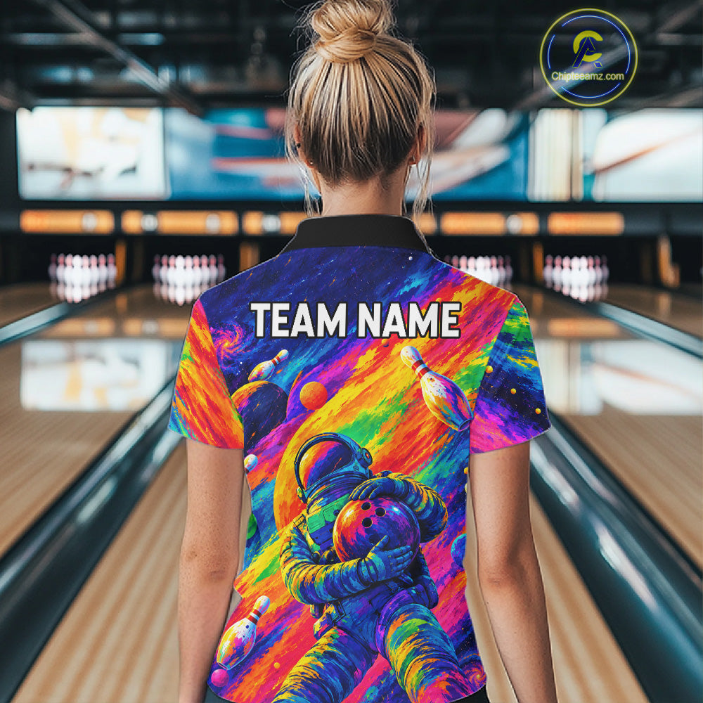 Custom Funny Astronaut Bowling Polo 1/4-Zip Shirt Psychedelic Galaxy Bowler Team Jersey