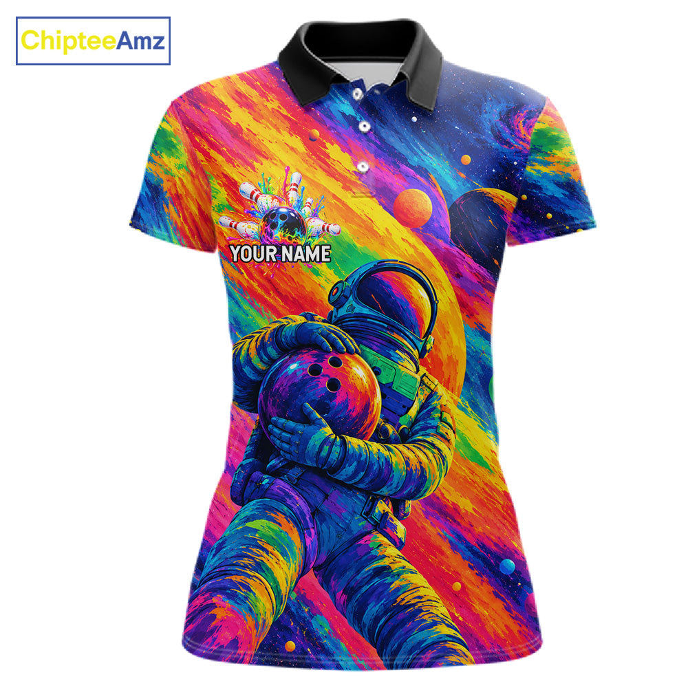 Custom Funny Astronaut Bowling Polo 1/4-Zip Shirt Psychedelic Galaxy Bowler Team Jersey