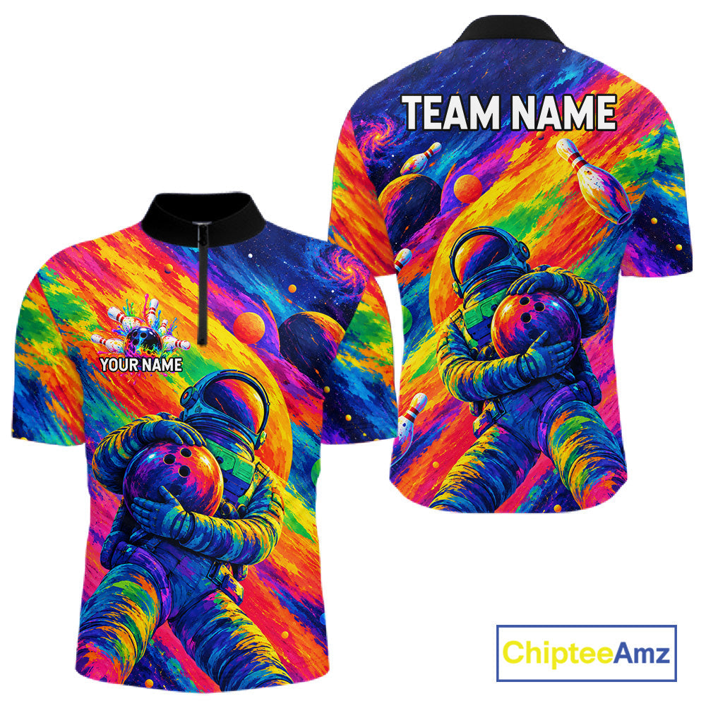 Custom Funny Astronaut Bowling Polo 1/4-Zip Shirt Psychedelic Galaxy Bowler Team Jersey