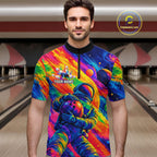Custom Funny Astronaut Bowling Polo 1/4-Zip Shirt Psychedelic Galaxy Bowler Team Jersey