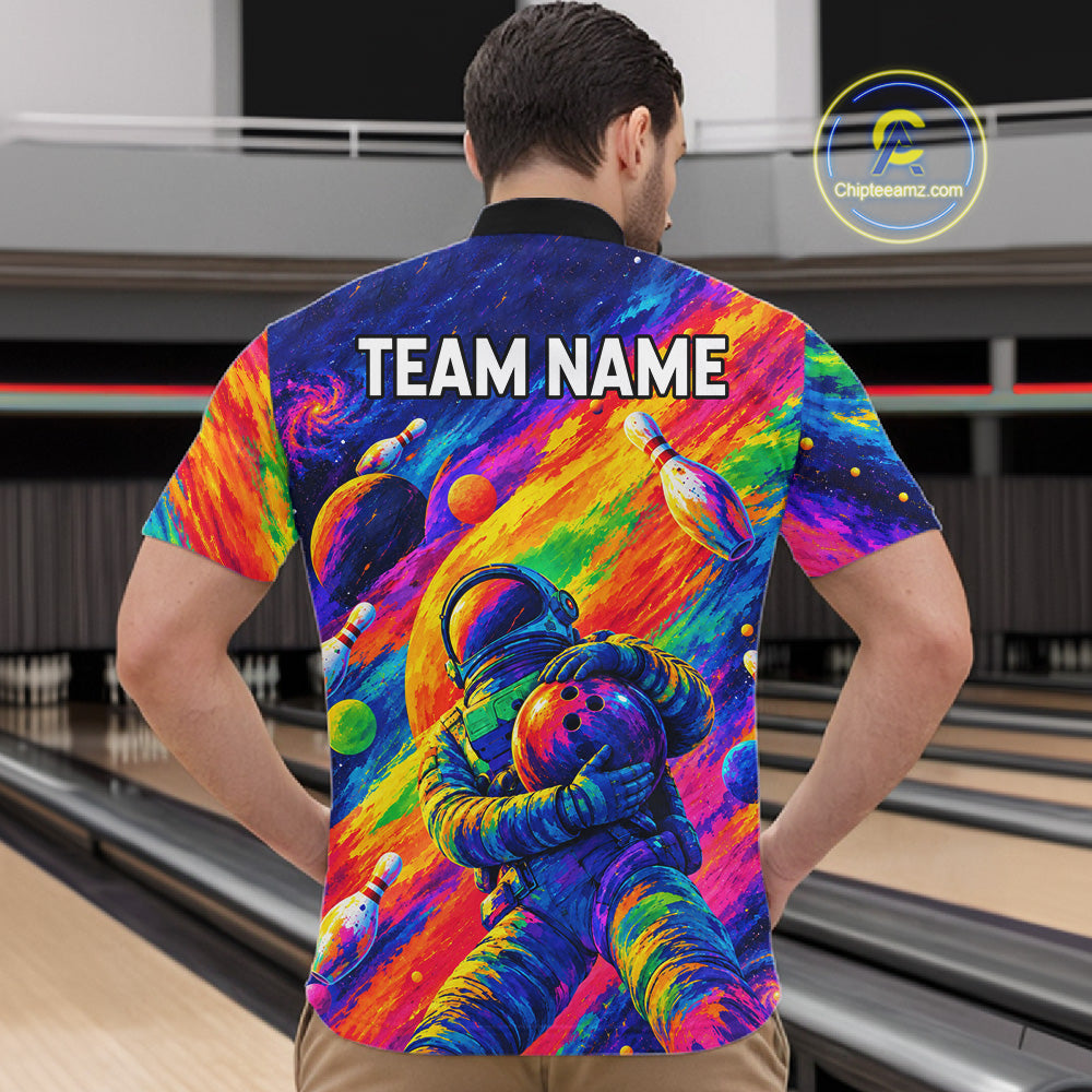 Custom Funny Astronaut Bowling Polo 1/4-Zip Shirt Psychedelic Galaxy Bowler Team Jersey