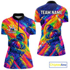 Custom Funny Astronaut Bowling Polo 1/4-Zip Shirt Psychedelic Galaxy Bowler Team Jersey