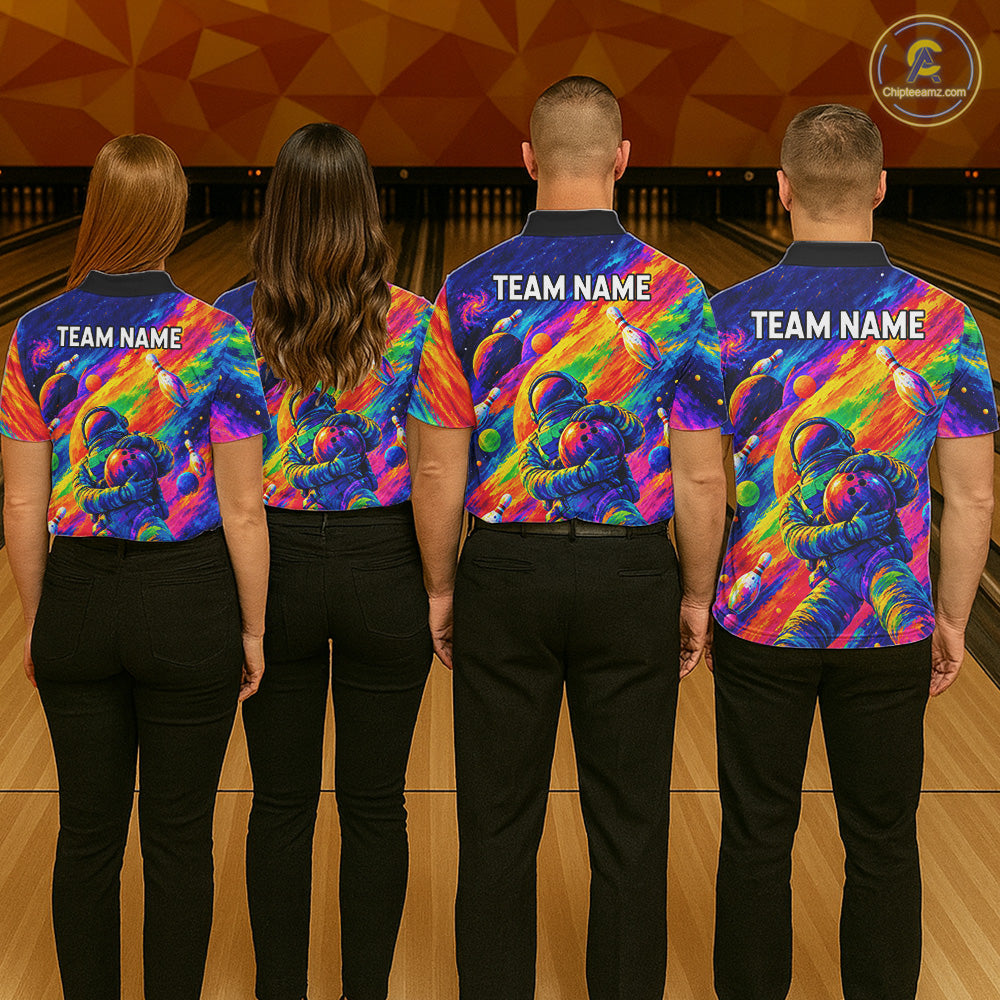 Custom Funny Astronaut Bowling Polo 1/4-Zip Shirt Psychedelic Galaxy Bowler Team Jersey