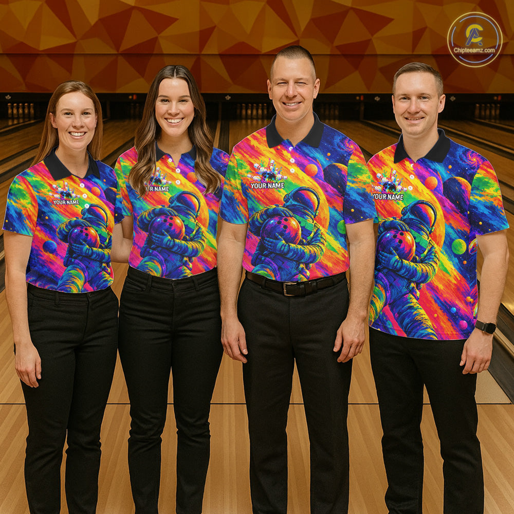 Custom Funny Astronaut Bowling Polo 1/4-Zip Shirt Psychedelic Galaxy Bowler Team Jersey