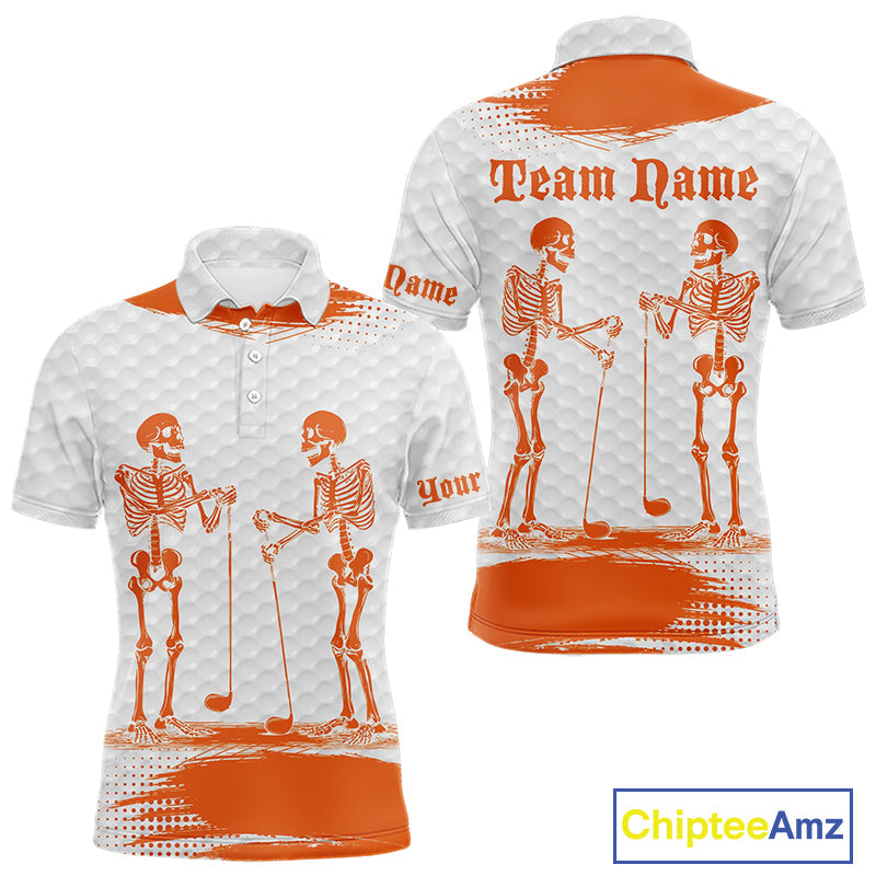 White And Orange Pattern Golf Polo Shirts Custom Funny Skeleton Halloween Golf Apparel