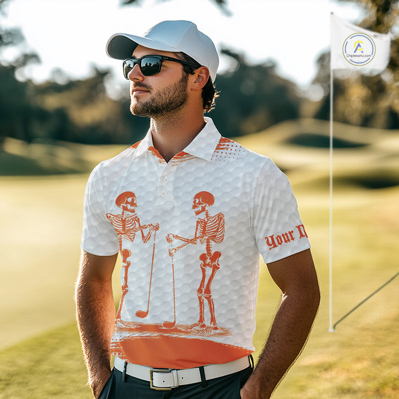 White And Orange Pattern Golf Polo Shirts Custom Funny Skeleton Halloween Golf Apparel