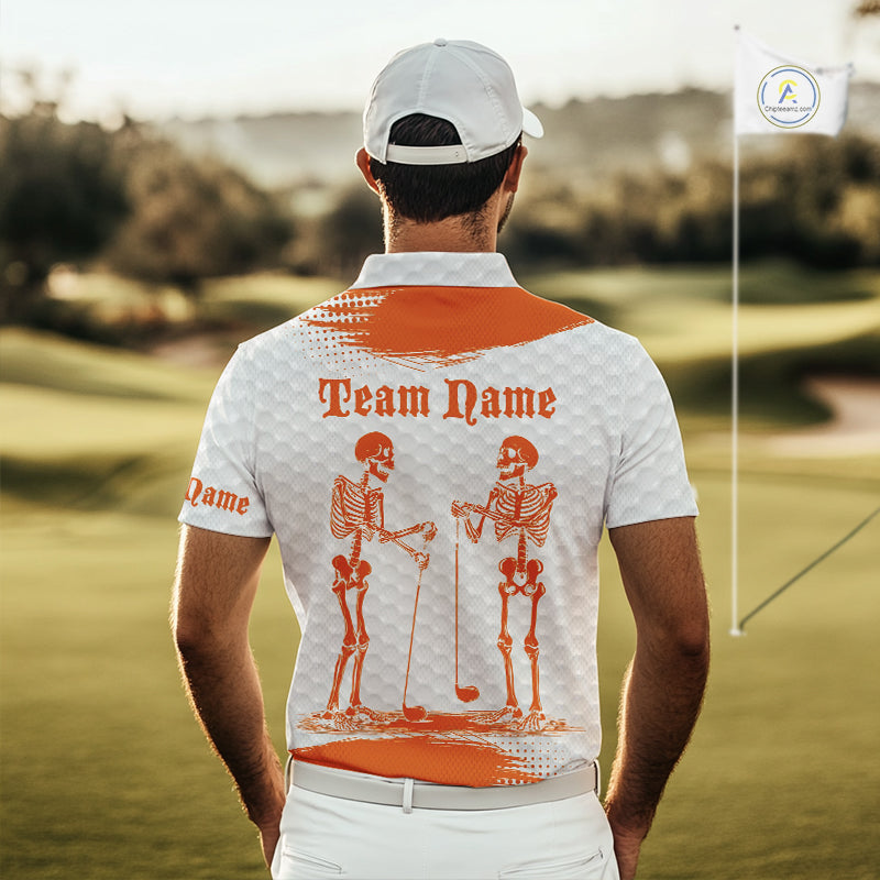 White And Orange Pattern Golf Polo Shirts Custom Funny Skeleton Halloween Golf Apparel