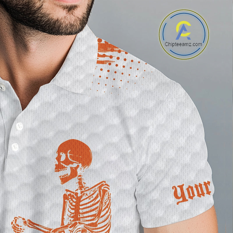 White And Orange Pattern Golf Polo Shirts Custom Funny Skeleton Halloween Golf Apparel