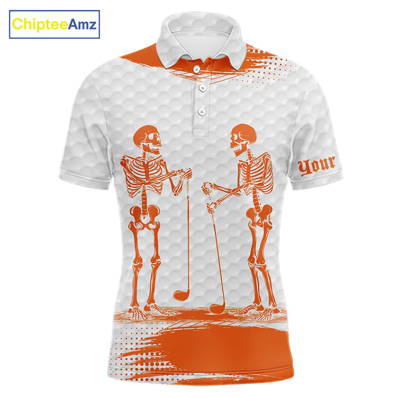 White And Orange Pattern Golf Polo Shirts Custom Funny Skeleton Halloween Golf Apparel