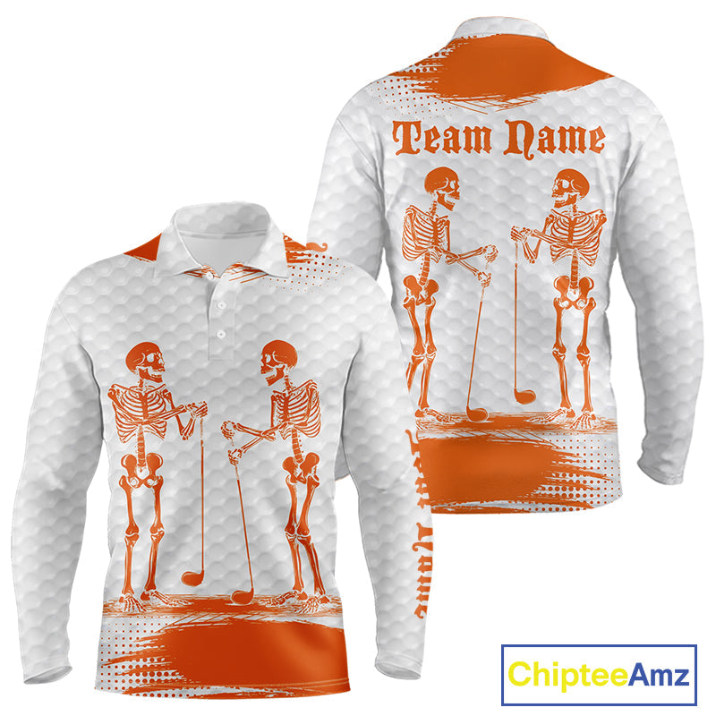 White And Orange Pattern Golf Polo Shirts Custom Funny Skeleton Halloween Golf Apparel