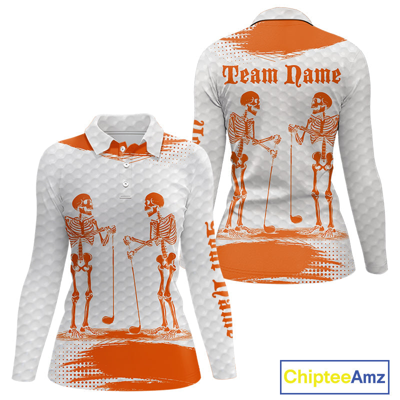 White And Orange Pattern Golf Polo Shirts Custom Funny Skeleton Halloween Golf Apparel
