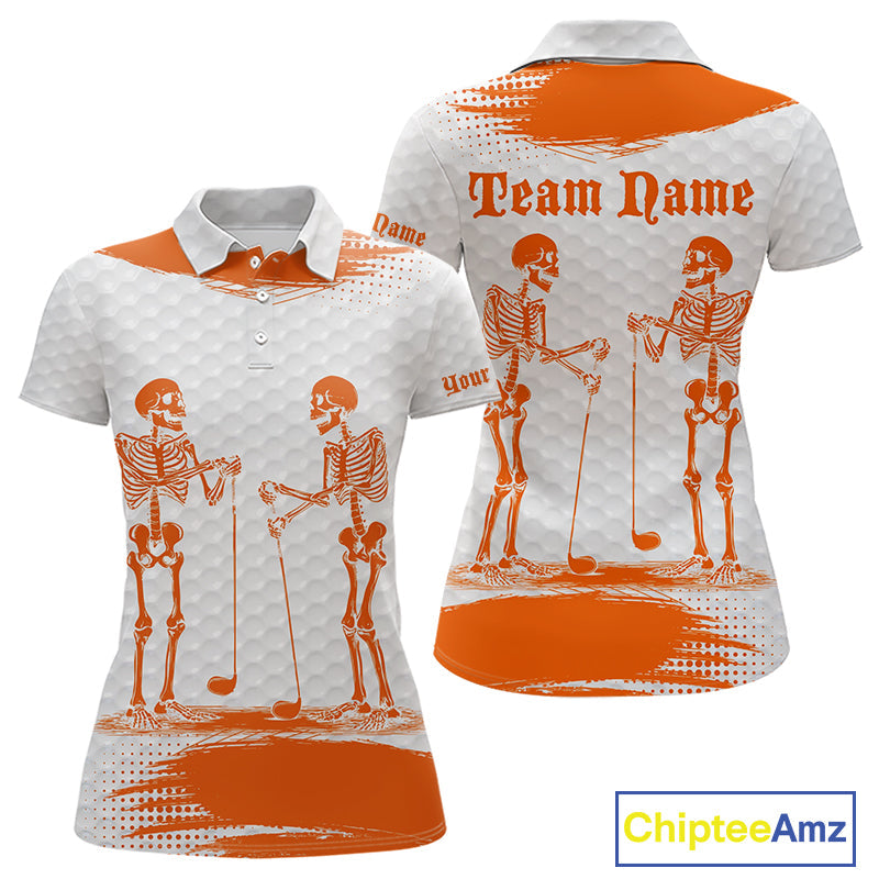 White And Orange Pattern Golf Polo Shirts Custom Funny Skeleton Halloween Golf Apparel