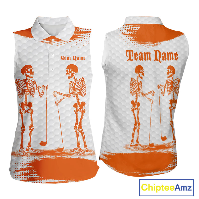 White And Orange Pattern Golf Sleeveless Polo Shirts Custom Funny Skeleton Halloween Golf Apparel