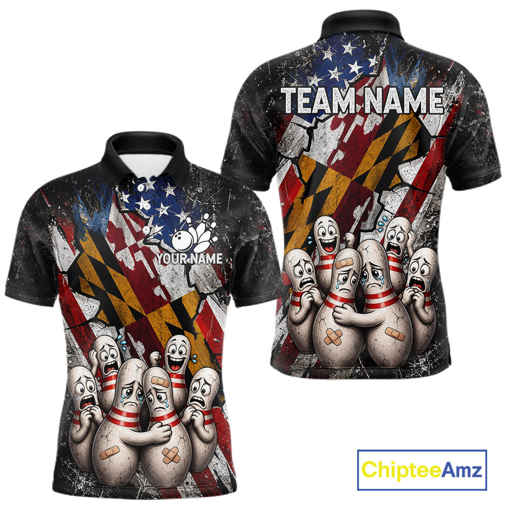 Funny Sad Pins Patriotic Bowling Jersey Custom Maryland - US Flag Bowling Team Shirts