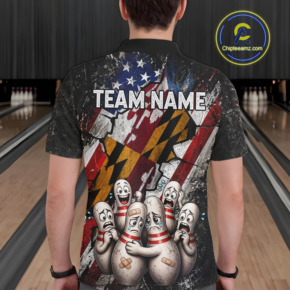 Funny Sad Pins Patriotic Bowling Jersey Custom Maryland - US Flag Bowling Team Shirts