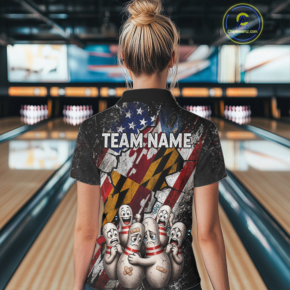 Funny Sad Pins Patriotic Bowling Jersey Custom Maryland - US Flag Bowling Team Shirts