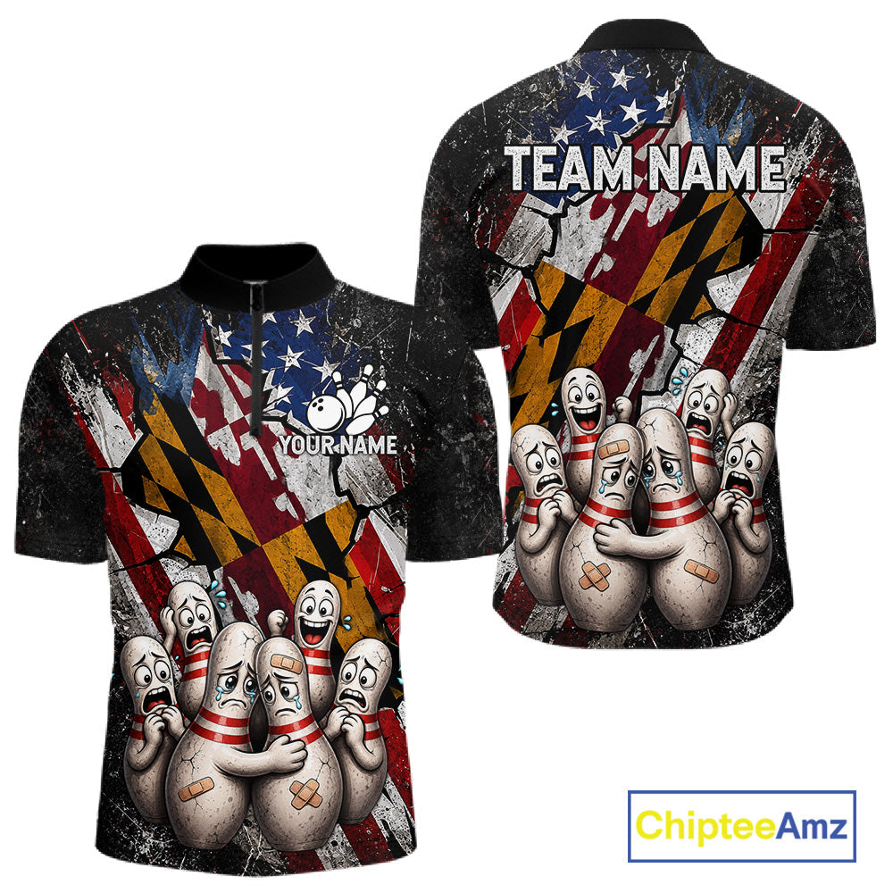 Funny Sad Pins Patriotic Bowling Jersey Custom Maryland - US Flag Bowling Team Shirts