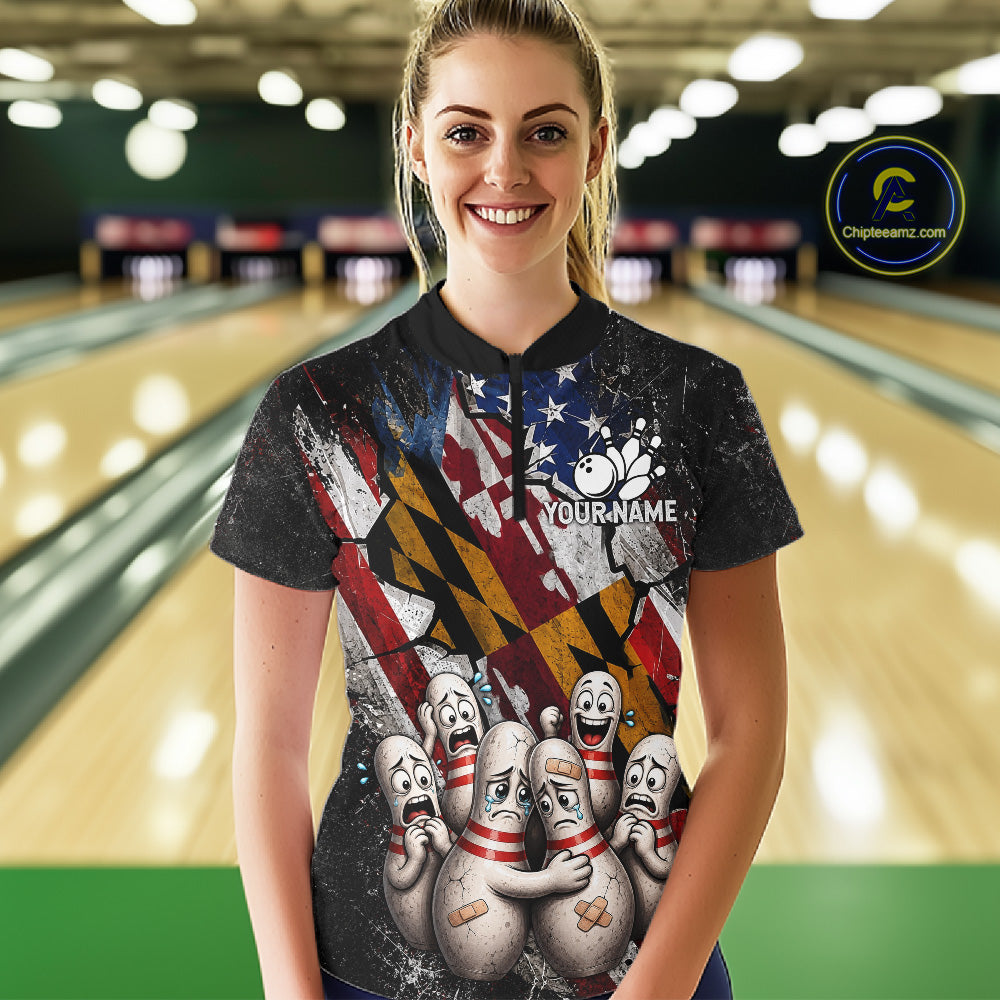 Funny Sad Pins Patriotic Bowling Jersey Custom Maryland - US Flag Bowling Team Shirts