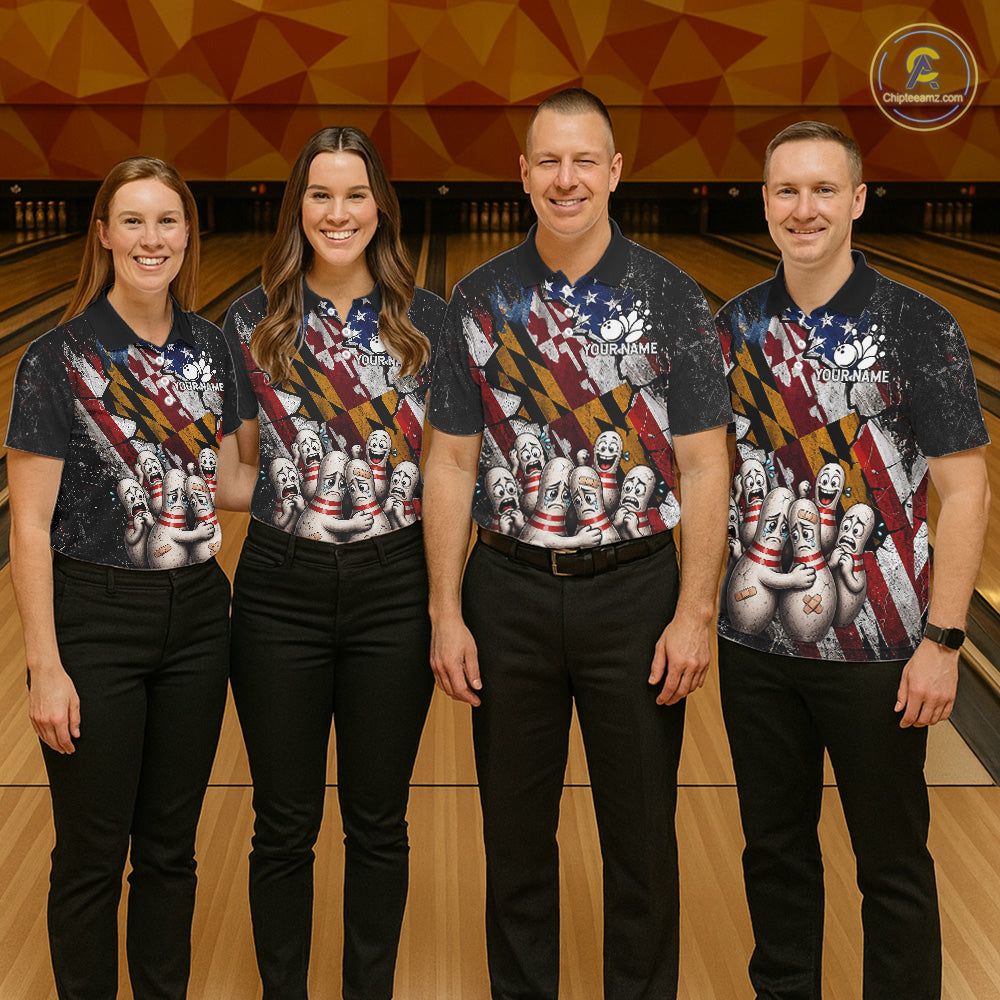 Funny Sad Pins Patriotic Bowling Jersey Custom Maryland - US Flag Bowling Team Shirts