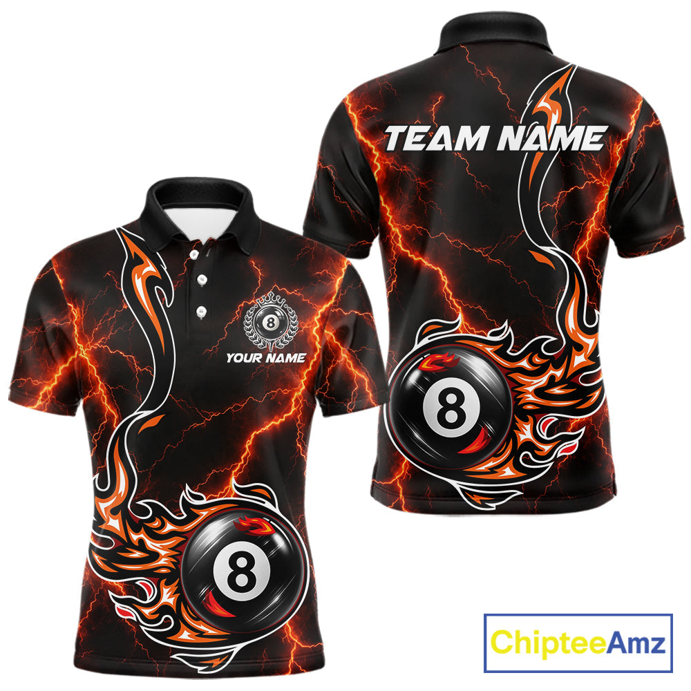 Personalized Orange Thunder Billiard Polo 1/4-Zip Shirt Custom 8 Ball Fire Flame Billiard Jersey