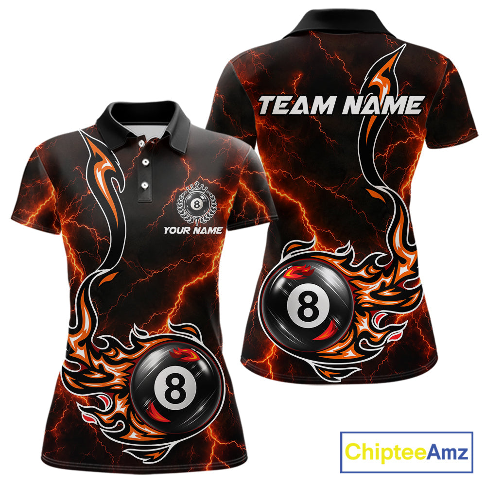 Personalized Orange Thunder Billiard Polo 1/4-Zip Shirt Custom 8 Ball Fire Flame Billiard Jersey