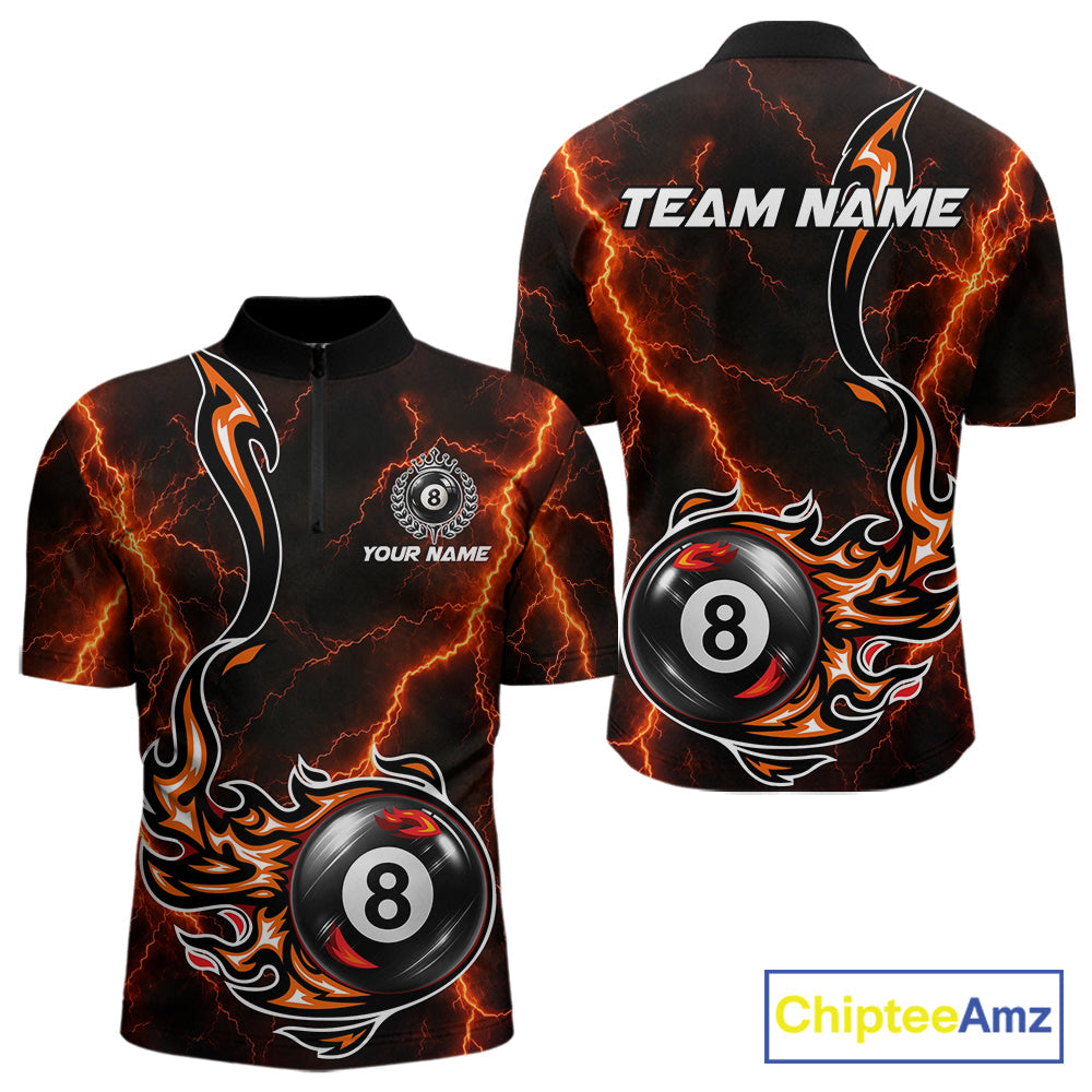 Personalized Orange Thunder Billiard Polo 1/4-Zip Shirt Custom 8 Ball Fire Flame Billiard Jersey