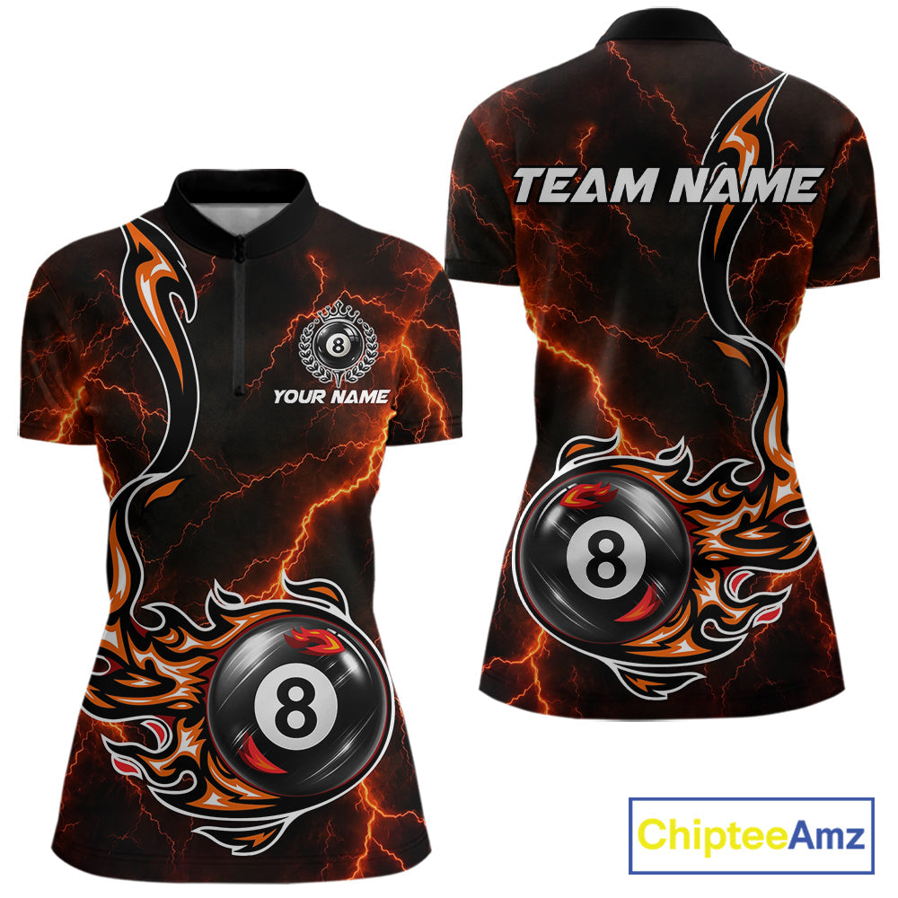 Personalized Orange Thunder Billiard Polo 1/4-Zip Shirt Custom 8 Ball Fire Flame Billiard Jersey
