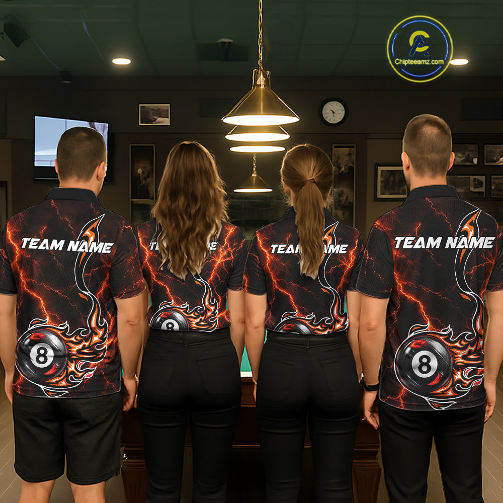 Personalized Orange Thunder Billiard Polo 1/4-Zip Shirt Custom 8 Ball Fire Flame Billiard Jersey