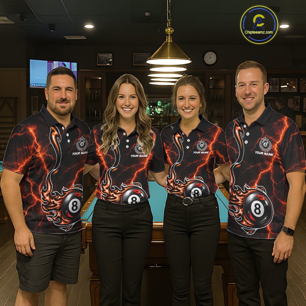 Personalized Orange Thunder Billiard Polo 1/4-Zip Shirt Custom 8 Ball Fire Flame Billiard Jersey
