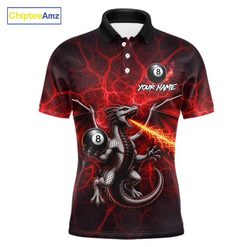 Custom Red Flaming Dragon 8 Ball Billiard Polo Shirts, Dragon Billiard Tournament Team Shirt