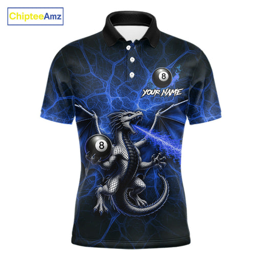 Custom Blue Flaming Dragon 8 Ball Billiard Polo Shirts, Dragon Billiard Tournament Team Shirt