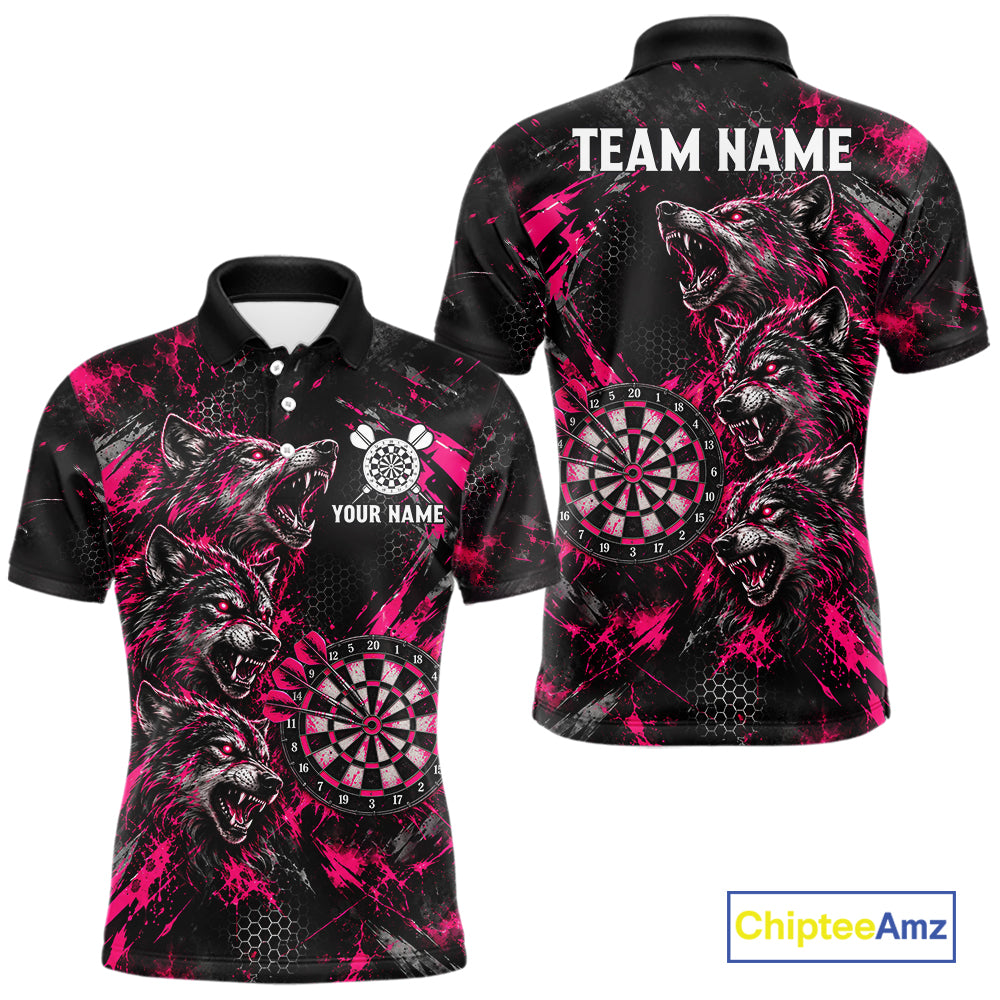 Personalized Pink Splatter Wolf Darts Polo 1/4-Zip Shirt Custom Angry Wolf Darts Team Jersey