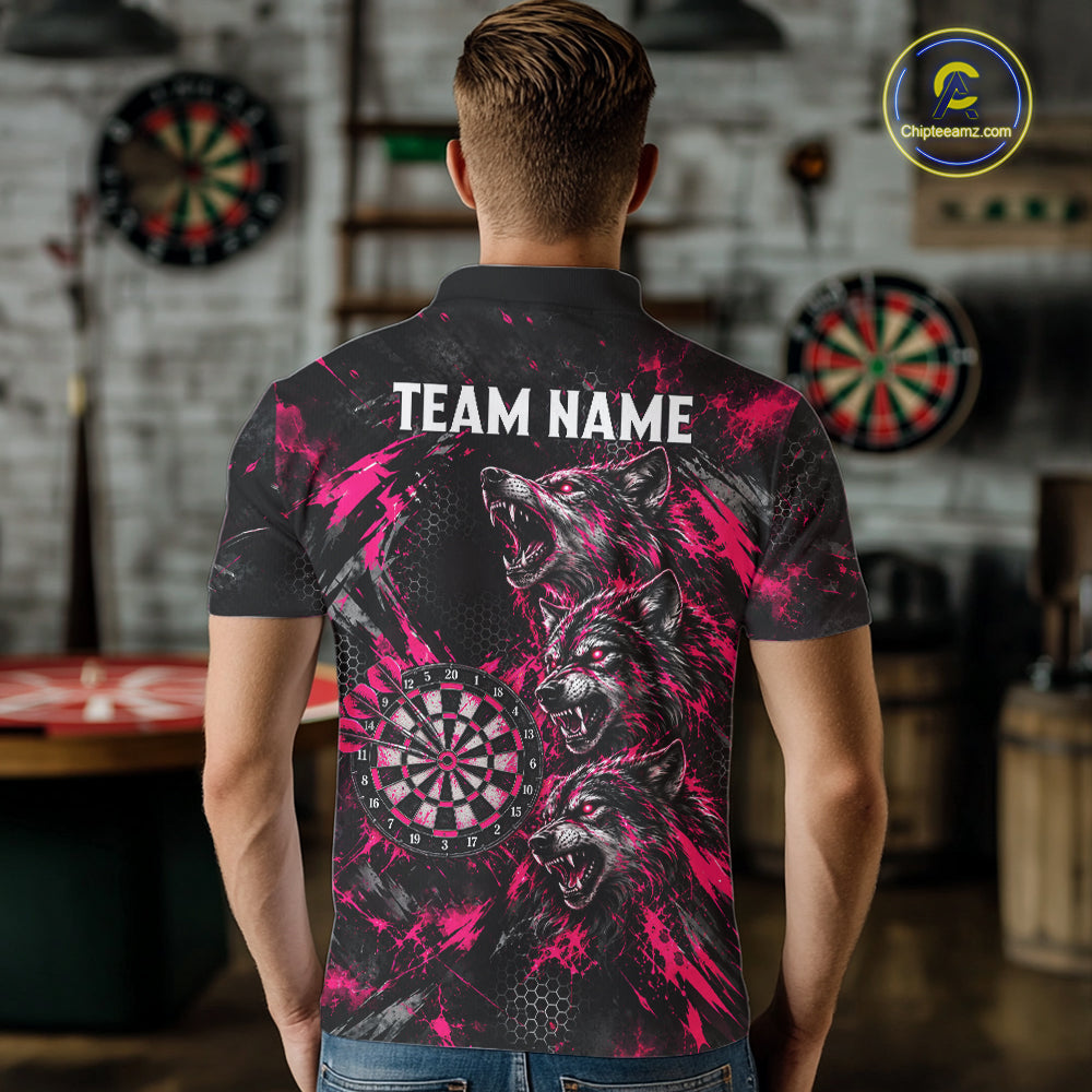 Personalized Pink Splatter Wolf Darts Polo 1/4-Zip Shirt Custom Angry Wolf Darts Team Jersey