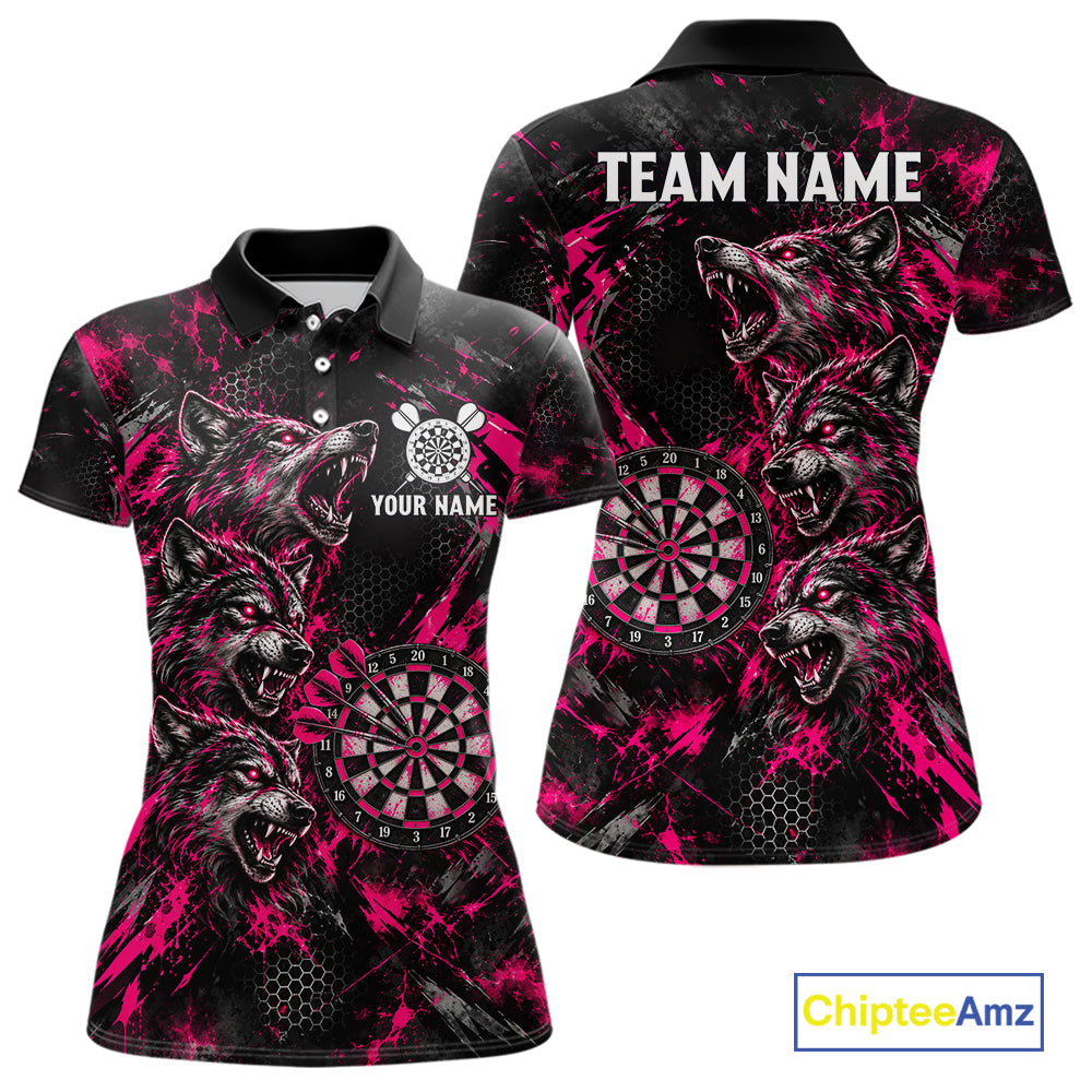 Personalized Pink Splatter Wolf Darts Polo 1/4-Zip Shirt Custom Angry Wolf Darts Team Jersey