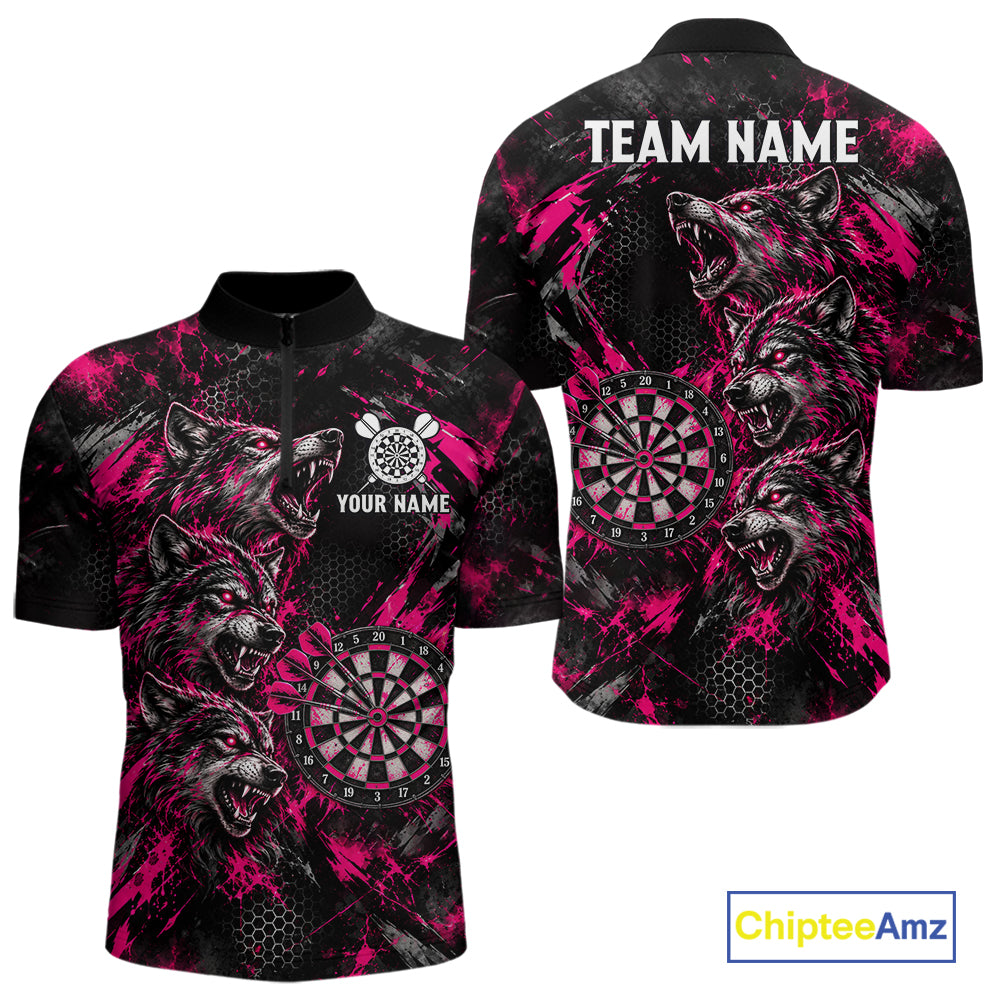 Personalized Pink Splatter Wolf Darts Polo 1/4-Zip Shirt Custom Angry Wolf Darts Team Jersey