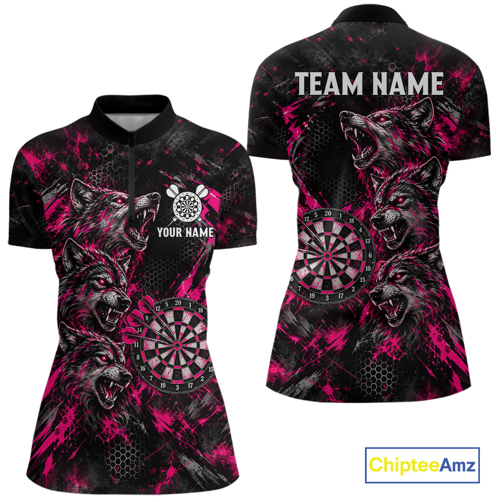 Personalized Pink Splatter Wolf Darts Polo 1/4-Zip Shirt Custom Angry Wolf Darts Team Jersey