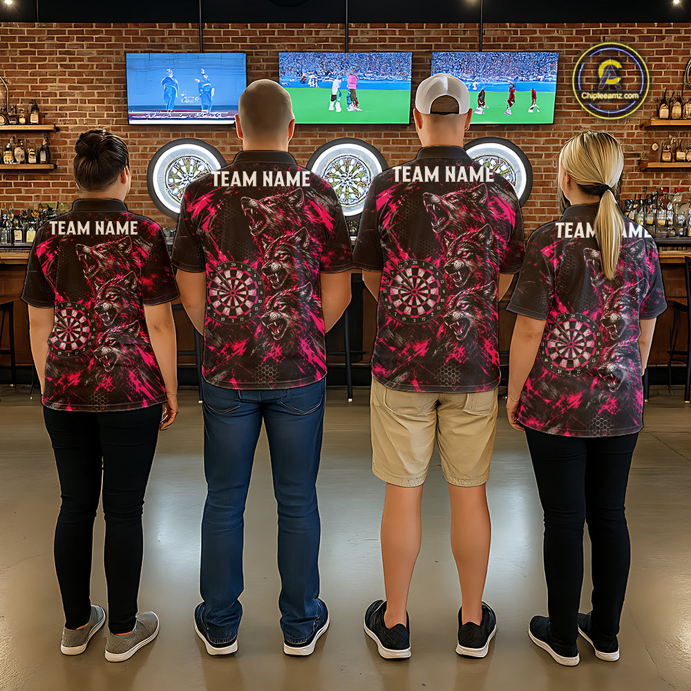Personalized Pink Splatter Wolf Darts Polo 1/4-Zip Shirt Custom Angry Wolf Darts Team Jersey