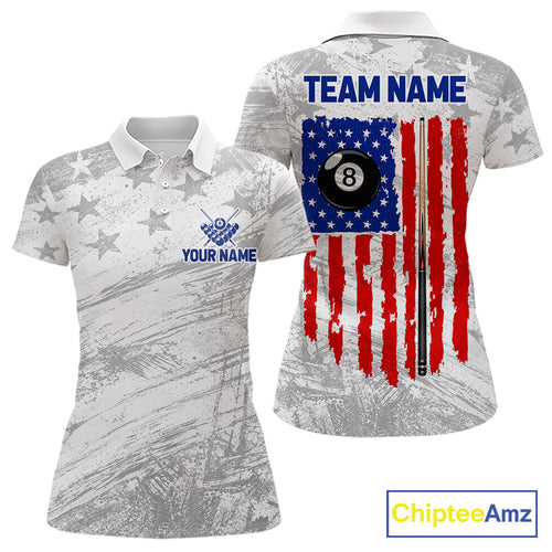 Grey Grunge US Flag Billiard Polo 1/4-Zip Shirt Custom Patriotic Billiard Team Jersey