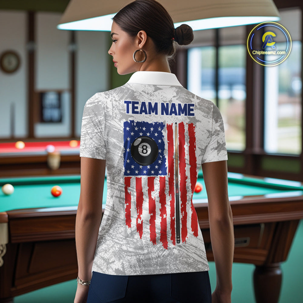 Grey Grunge US Flag Billiard Polo 1/4-Zip Shirt Custom Patriotic Billiard Team Jersey